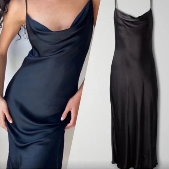 Wilfred Canto Satin Black Slip Dress Bias Cut Midi Drapey Aritzia Viscose 80281 - Picture 2 of 14